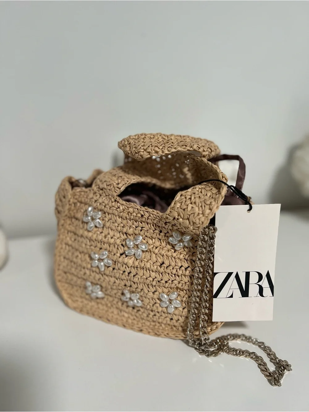 Zara Beige Crochet Crossbody Bag with Pearl Flower Accents